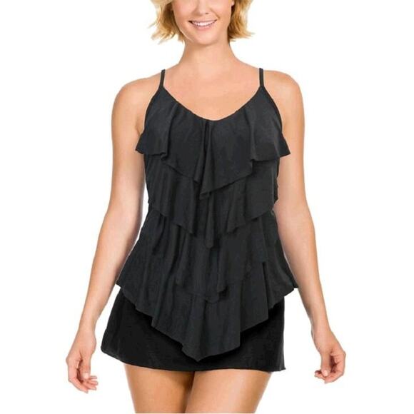 NEW Kirkland Signature by Miraclesuit Tankini Top Size 10 Black Ruffle Swimsuit - Picture 1 of 10